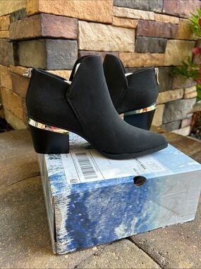 Black Ankle Booties with Metallic Heel Trim